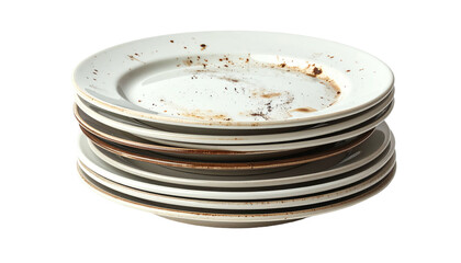 Stack of dirty white plates with leftover food residue