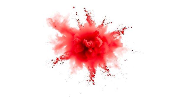 A vibrant cloud of red powder in motion against a white background with dramatic lighting.