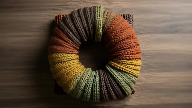 A vibrant, multicolored knitted scarf is neatly arranged in a circular shape on a wooden surface, showcasing its rich texture and warm hues.
