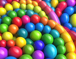 Bright glossy spheres and capsules, rainbow gradient array