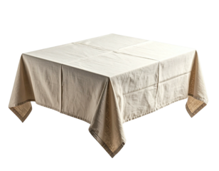 Square cream tablecloth draping over table