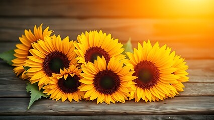 Obraz premium Vibrant sunflowers on a rustic wooden surface, bathed in warm natural sunlight with a soft blurred background.