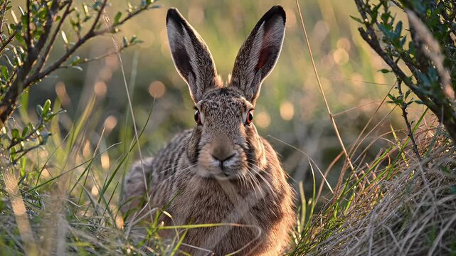 Close-up of a wild brown hare sitting in a grassy field. The alert animal looks directly at the camera during a golden hour sunset. Wildlife in its natural habitat