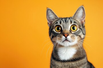 Obraz premium A playful tabby cat with vibrant yellow eyes and a white chest, sitting against a warm orange background.