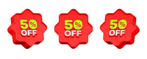 discount 50% 3d rendering icon red button
