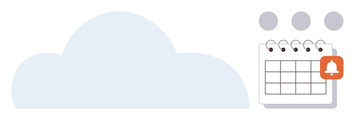 Cloud connected to a calendar with a ringing alert, symbolizing scheduling, notifications, deadlines, and event planning. Ideal for productivity, organization, reminders, cloud computing scheduling