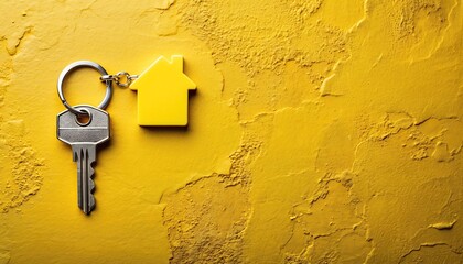 Vibrant yellow house keychain with a silver key hanging on a rough textured yellow wall, concept for real estate, home ownership and property investment.