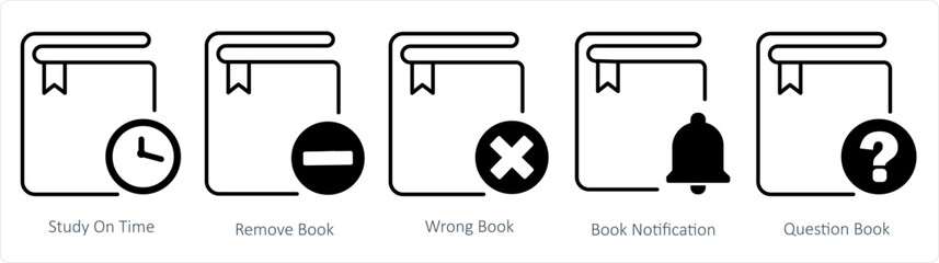 A set of 5 document icons as study on time, remove book, wrong book