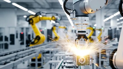 A robotic arm works on an electronic component with sparks on an assembly line. Automated manufacturing in a smart factory. Industry 4.0 and industrial automation concept - Powered by Adobe