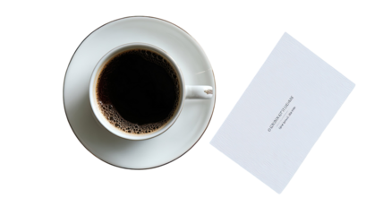 Top view of black espresso coffee cup, isolated on white table with morning newspaper