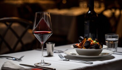 Glass of red wine elegantly placed on an upscale restaurant table with a mussels dish and wine bottle in the background, concept for fine dining, romantic evenings and culinary experiences.