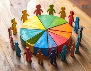Pie chart with wooden figures circling on wooden background