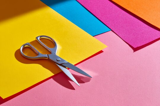 Bright craft table with metal scissors placed on vibrant overlapping sheets of colored paper.