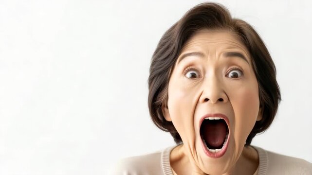 Senior Asian woman's face showing extreme shock and screaming. Close-up portrait of a mature person reacting with fear and surprise. Bad news or horror concept with copy space