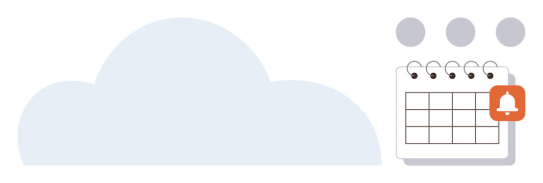 Cloud connected to a calendar with a ringing alert, symbolizing scheduling, notifications, deadlines, and event planning. Ideal for productivity, organization, reminders, cloud computing scheduling