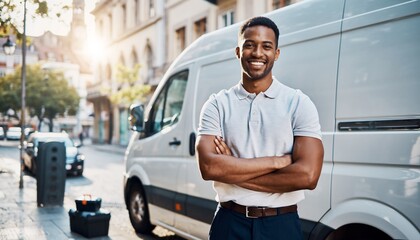 Smiling young delivery man standing confidently next to a white van on a sunny city street, concept for logistics, small business, and customer service