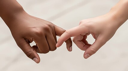 Two hands with different skin tones making a pinky promise, symbolizing unity and connection.