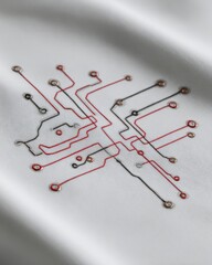 Fototapeta premium Close-up of thin circuit-like line patterns drawn across textured white paper.