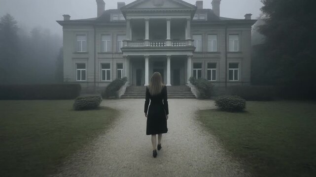 A solitary woman in a long black dress walks down a gravel path towards a mysterious and imposing old mansion shrouded in thick fog