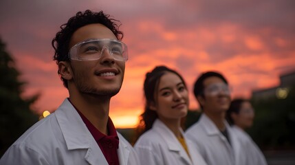 A diverse group of young scientists in lab coats and safety goggles look up at a vibrant sunset sky symbolizing hope and future discovery