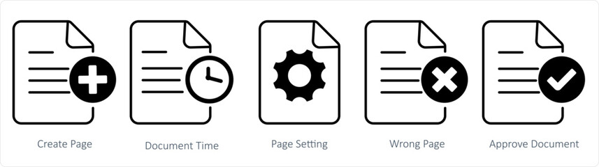 A set of 5 document icons as create page, document time, page setting