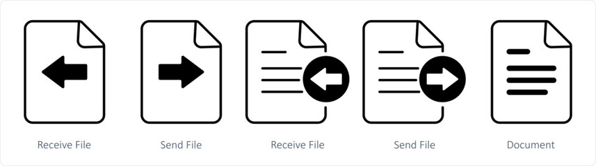 A set of 5 document icons as receive file, send file, document