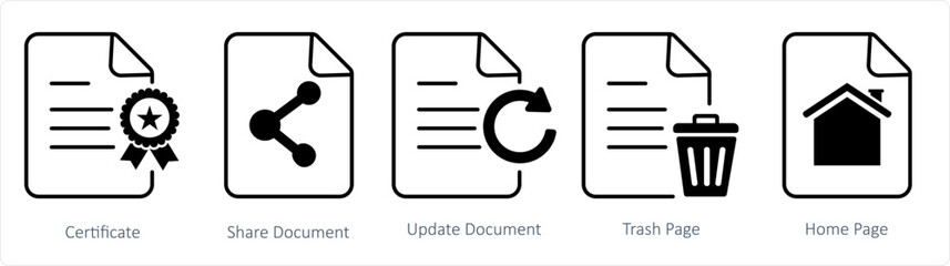 A set of 5 document icons as certificate, share document, update document
