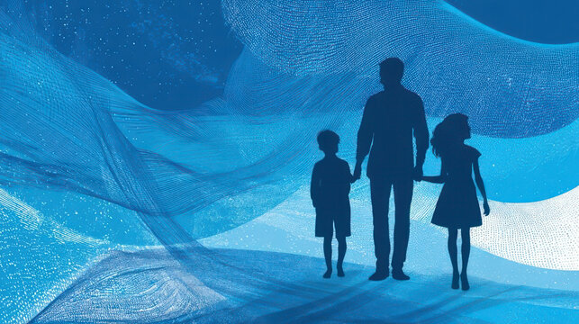 Family silhouette holding hands looking at flowing digital data