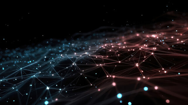 Abstract plexus network forming a digital wave on black background