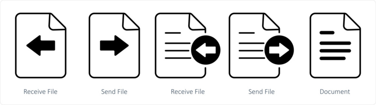 A set of 5 document icons as receive file, send file, document