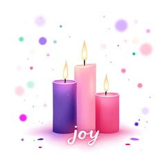 Three lit candles in purple pink and red with colorful festive dots and cursive joy text on white background
