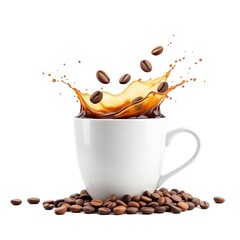 White ceramic coffee cup with dynamic coffee splash and floating beans on pile of coffee beans