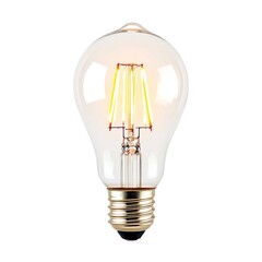 Glowing clear LED light bulb with visible filament and screw base on white background