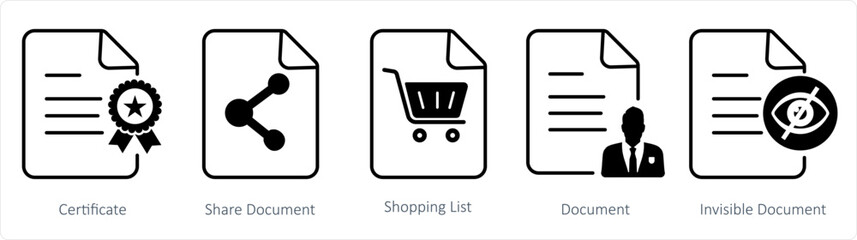 A set of 5 document icons as certificate, share document, shopping list