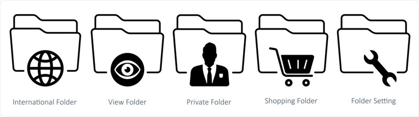 A set of 5 document icons as international folder, view folder, private folder
