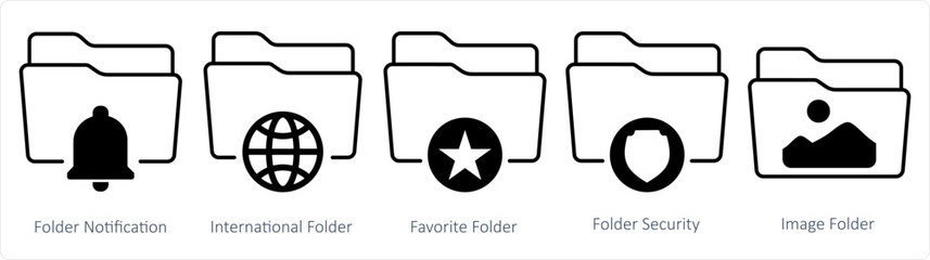 A set of 5 document icons as folder notification, international folder, favorite folder