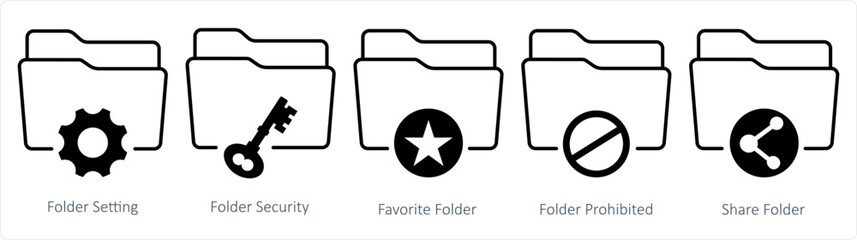 A set of 5 document icons as folder setting, folder security, favorite folder