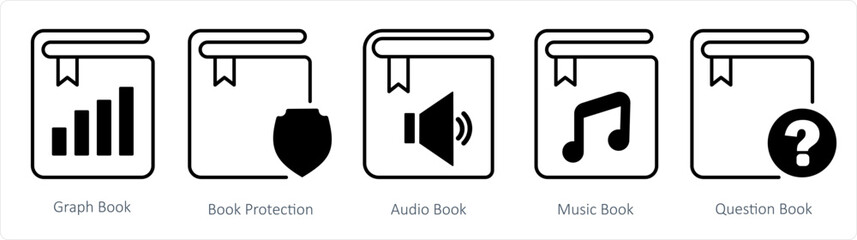 A set of 5 document icons as graph book, book protection, audio book