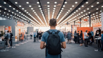Young man with backpack exploring a vast, brightly lit exhibition hall filled with a diverse crowd, concept for business events, travel and education.
