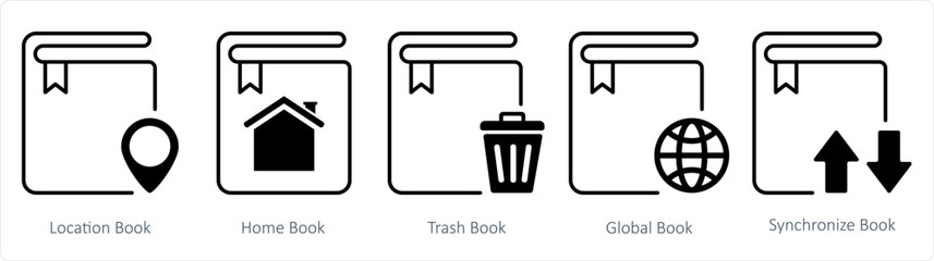 A set of 5 document icons as location book, home book, trash book