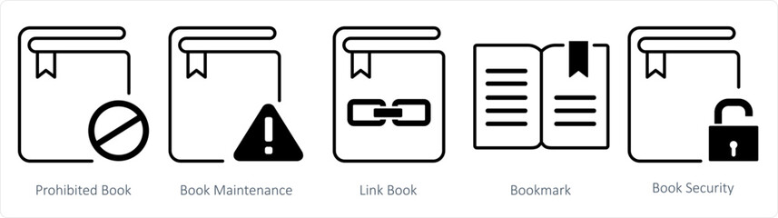 Fototapeta premium A set of 5 document icons as prohibited book, book maintenance, link book