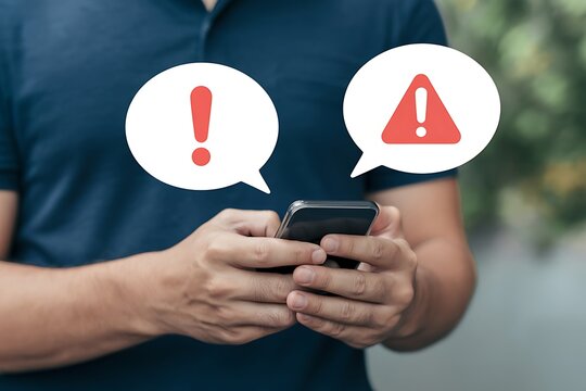 Cybersecurity threat from fake email and SMS alerts on smartphone, with red warning icons indicating phishing messages, identity theft risk, and online fraud targeting mobile users
