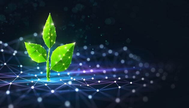 Green polygonal plant sprout growing from an interconnected digital network on a dark background, concept for sustainable technology, innovation and environmental solutions.