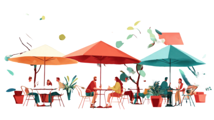 A cartoon illustration of a family of people (mother, father, and boy) enjoying a summer holiday on the beach under a parasol