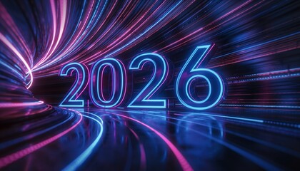Glowing 2026 numbers emerging in a vibrant futuristic tunnel with dynamic neon light trails, concept for technology, innovation, and future planning.
