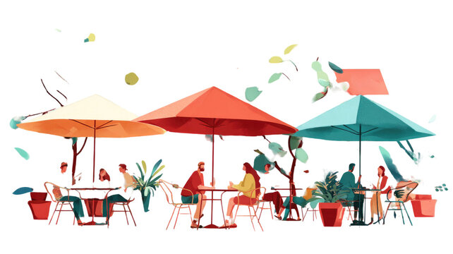 A cartoon illustration of a family of people (mother, father, and boy) enjoying a summer holiday on the beach under a parasol - Powered by Adobe