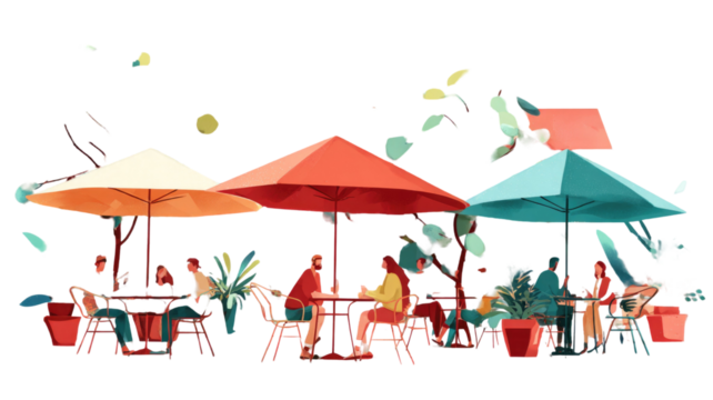 A cartoon illustration of a family of people (mother, father, and boy) enjoying a summer holiday on the beach under a parasol