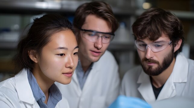 Three young scientists in lab coats and safety glasses collaborate intently on a research project