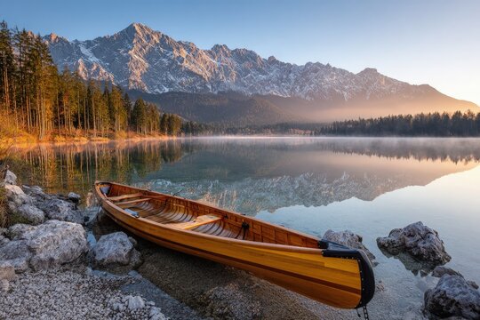 Wooden Canoe On Lakeside At Sunrise In Alpine Mountains