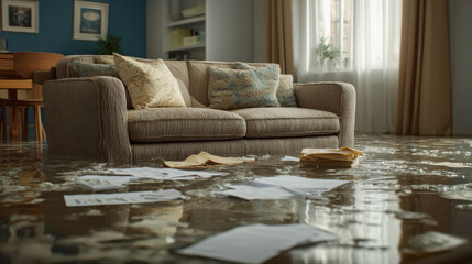 Living room experiencing flood damage with floating documents